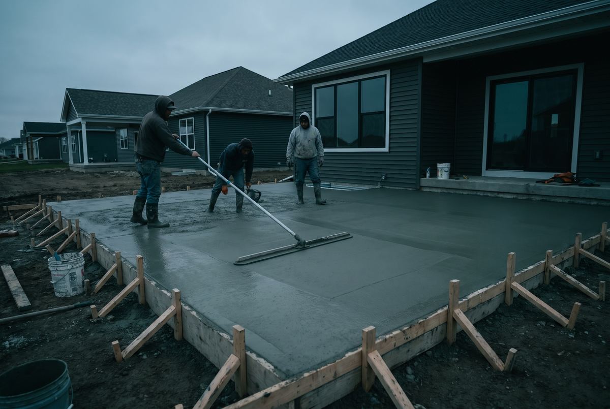 Concrete crew finishing a backyard patio pour