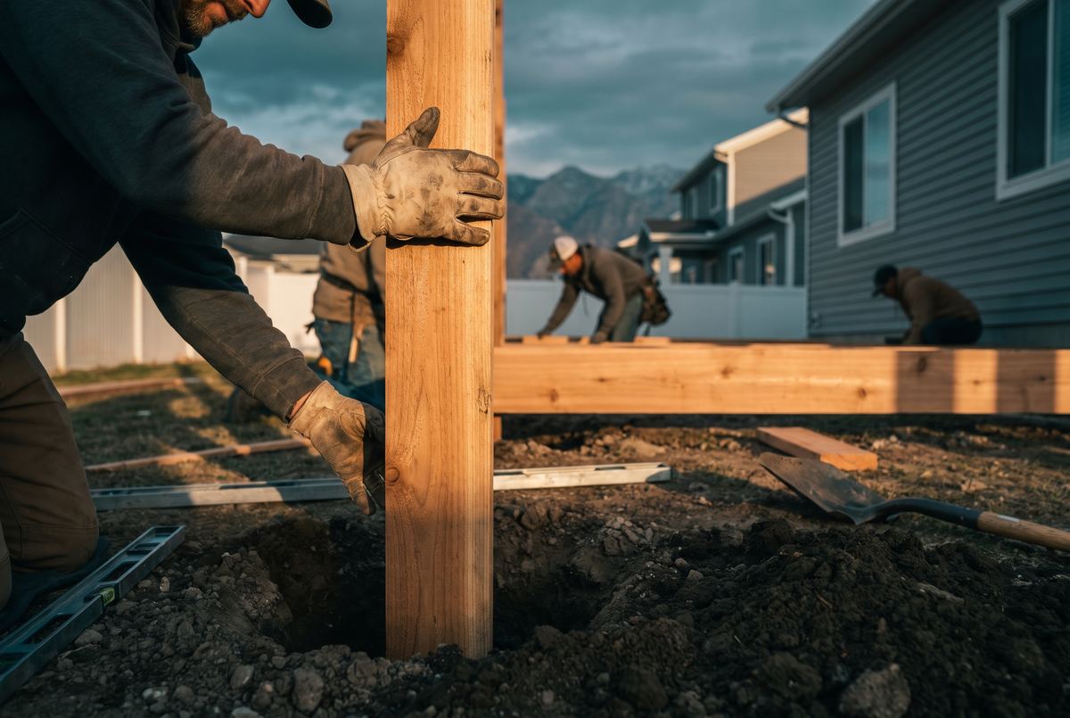 Fence crew setting a post behind a new build