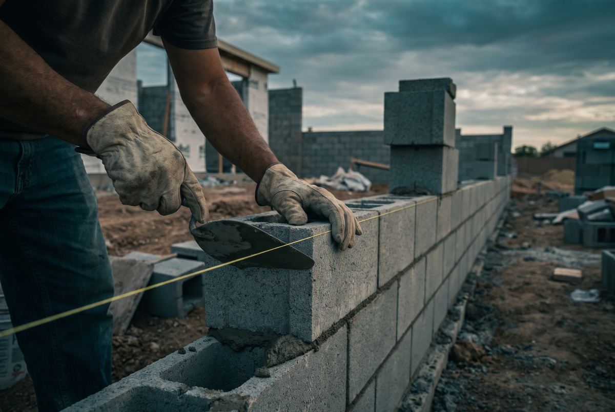 Mason laying block on a new wall