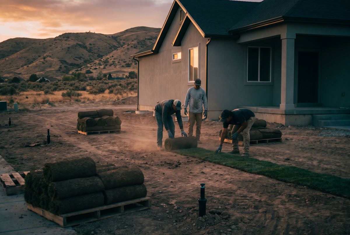 Landscaping crew rolling out sod on a new lot