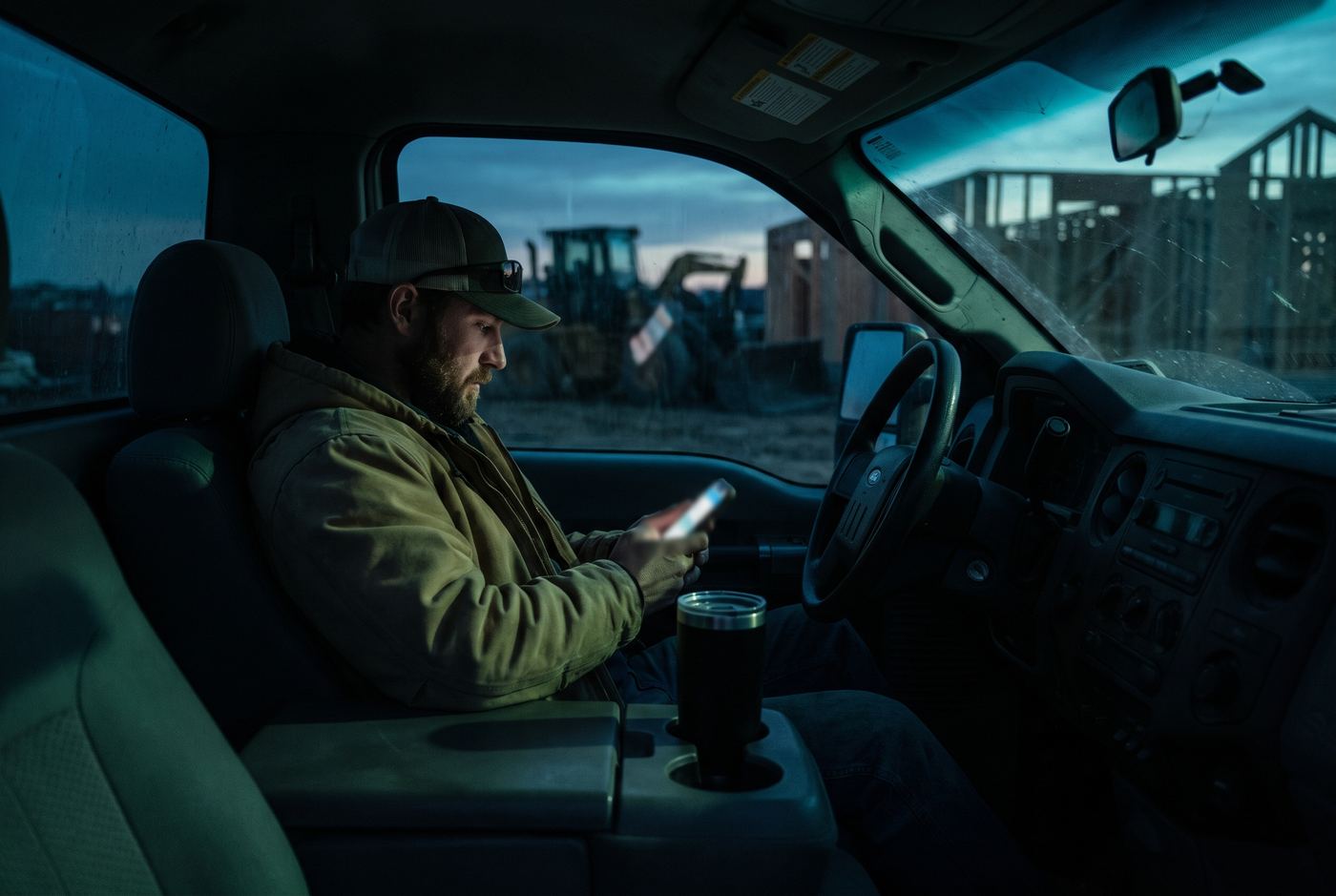 Contractor reading the morning permit list on his phone in the truck